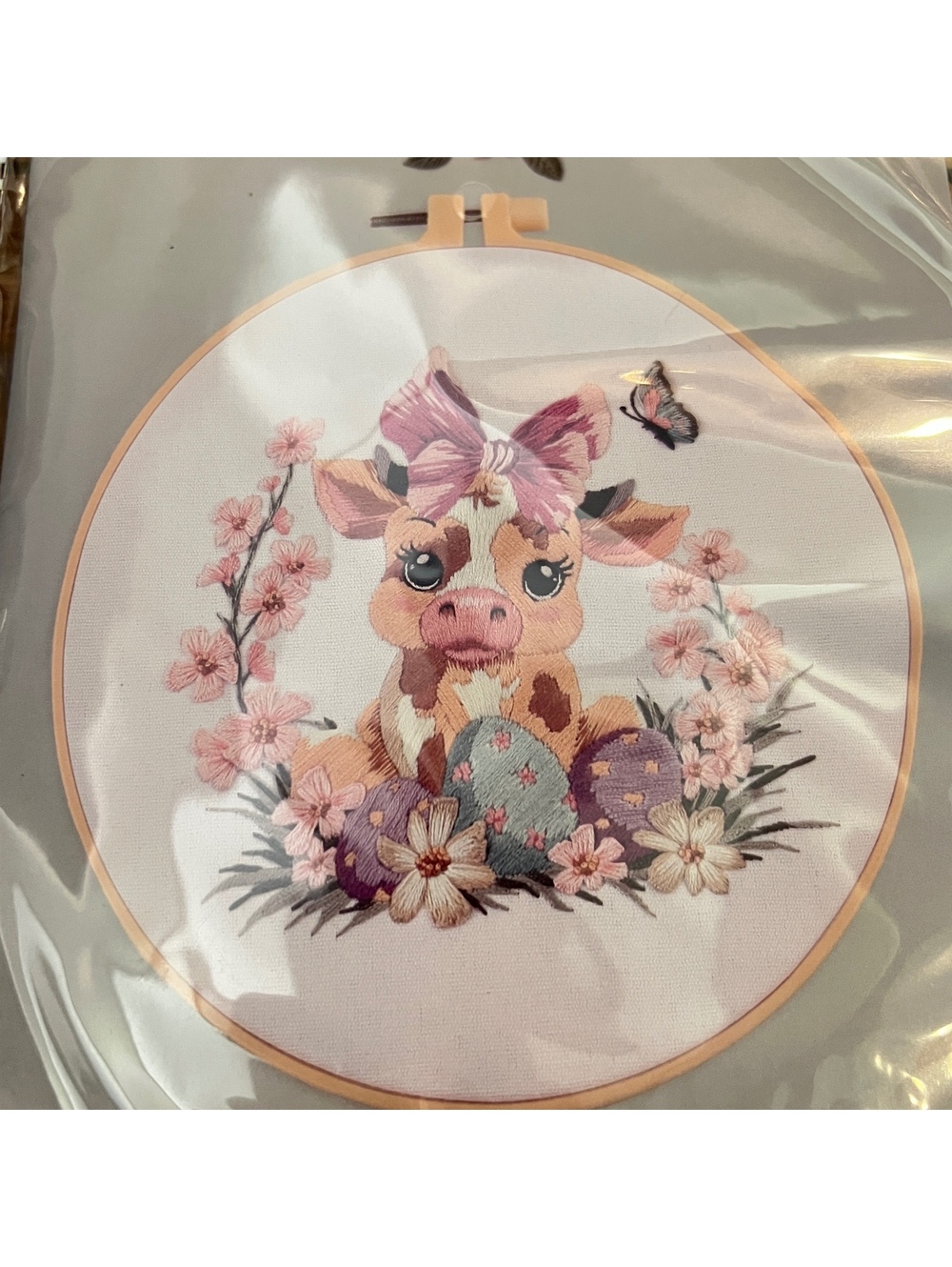 Easter Cow Hand Embroidery Kit with Hoop